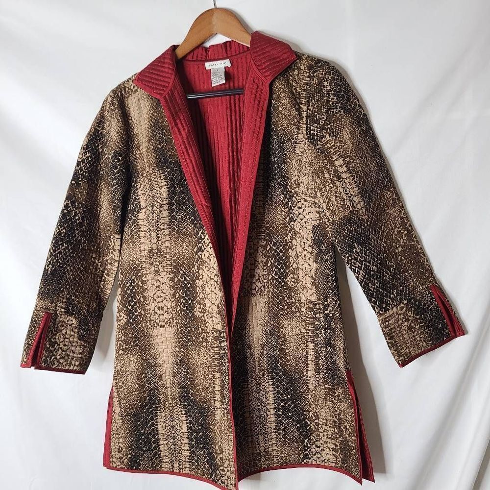 Patty Kim Snakeskin and Red Long‎ Quilted Tapestry Jacket sz Small